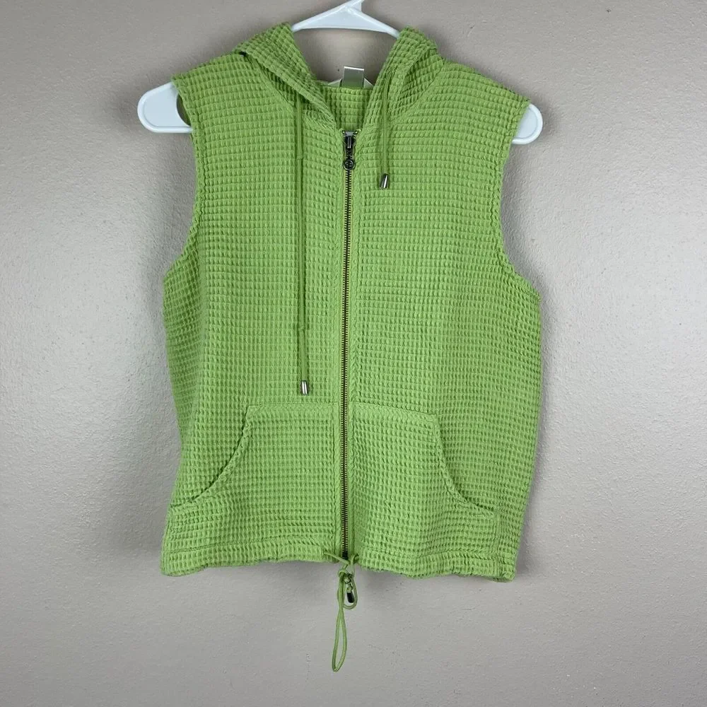 Christopher & Banks Waffle Weave‎ Vest Womens S Green Sleeveless Hooded Full Zip